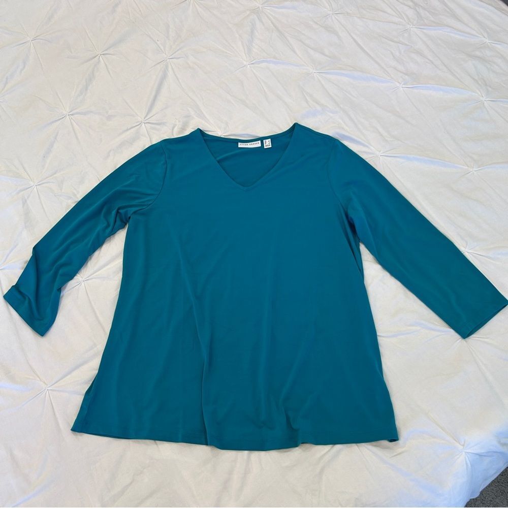 Susan Graver Women's Aqua Blue V Neck Long Sleeves Blouse Size Large